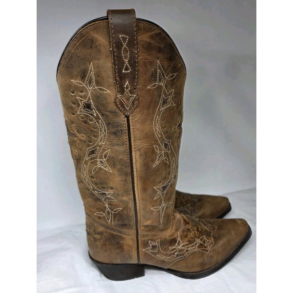 LAREDO Western Boots Womens 9 M Brown Leather Snip Toe Cowgirl Embroidered